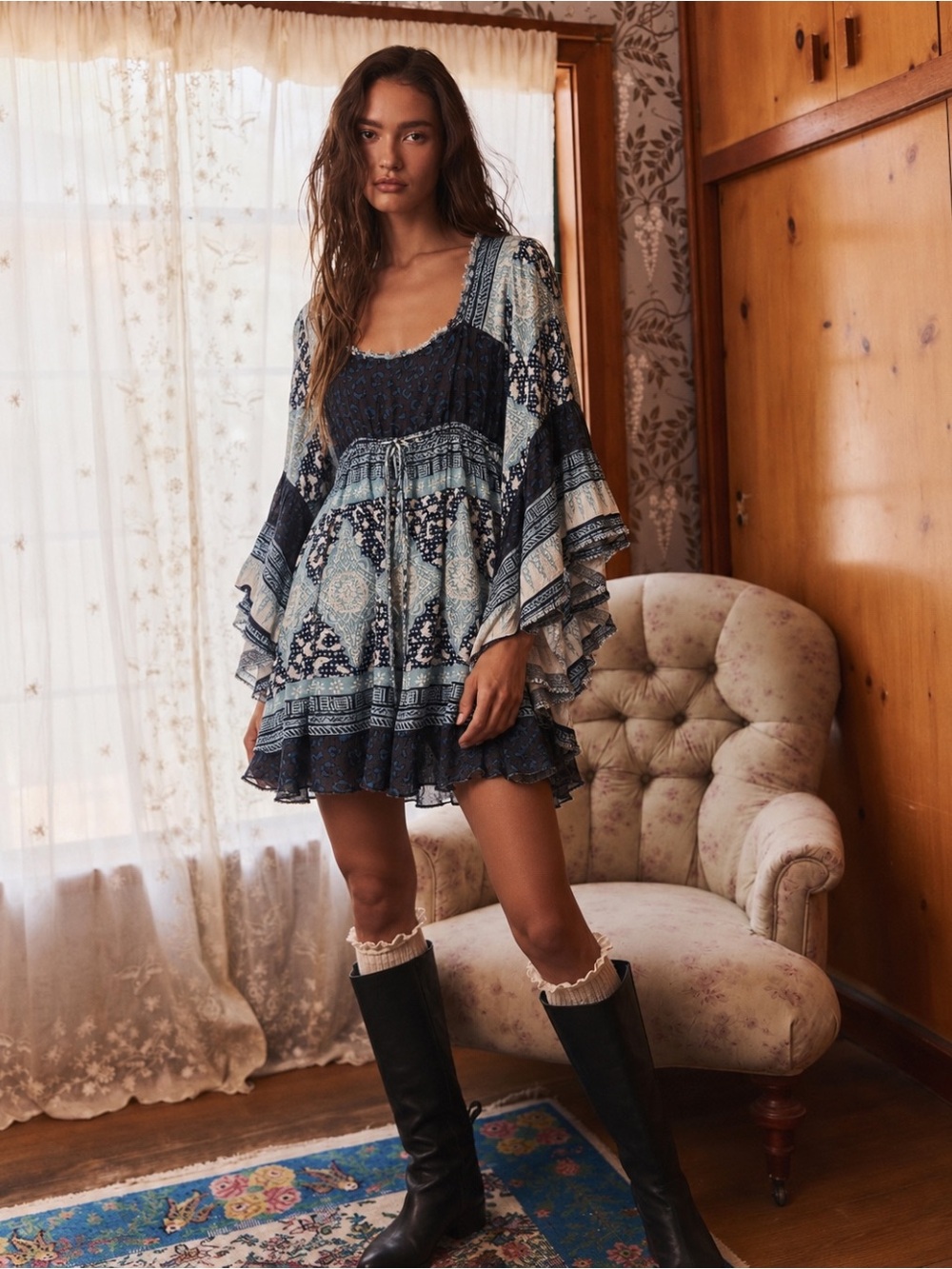 Free People Heart of Gold Indigo Blue Mini Dress M Boho Bell Sleeve Festival